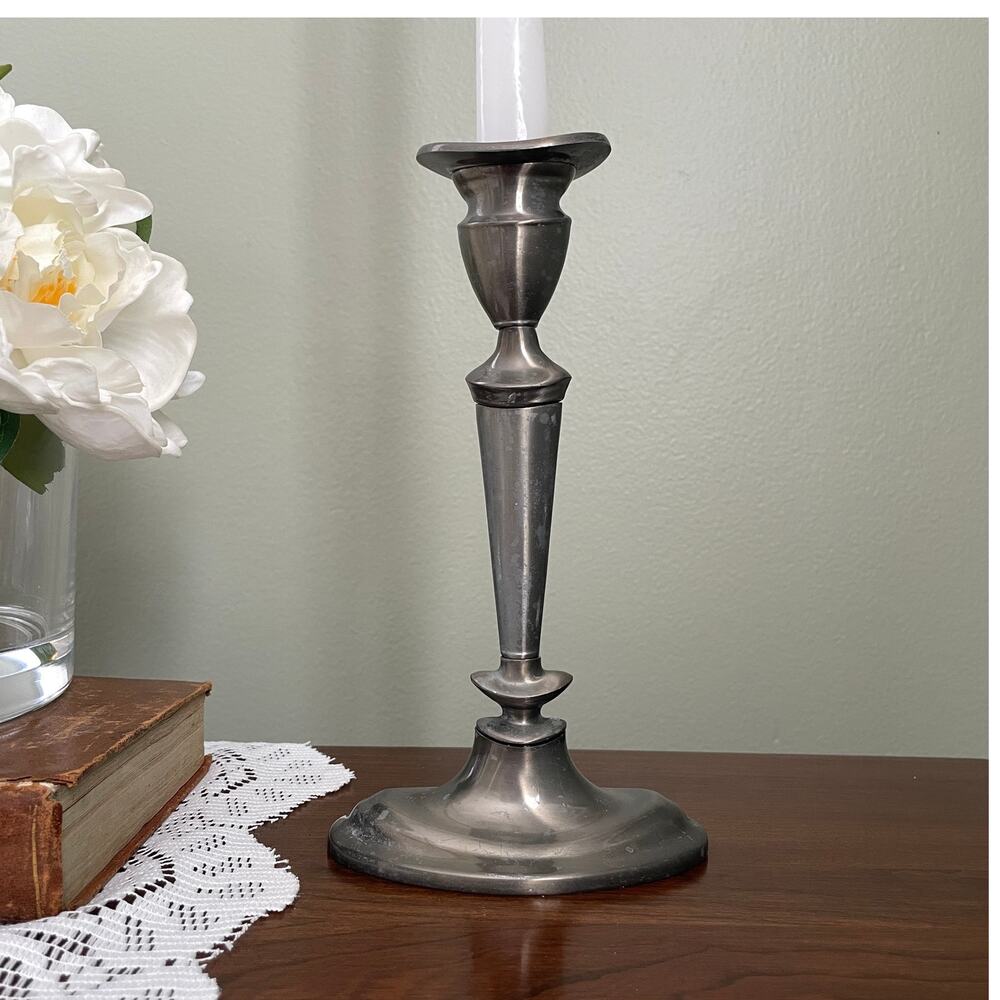 Vintage Pewter Tall Candlestick Holder 8.5" - Mid Century Colonial